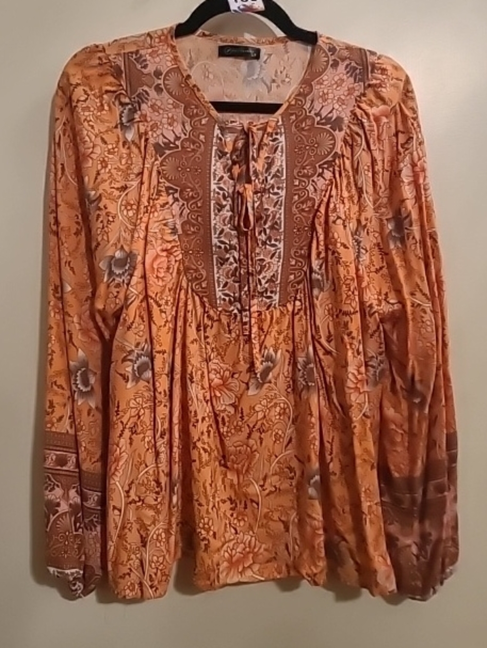 100 Boho Floral Tie-Neck Tunic in Burnt Orange